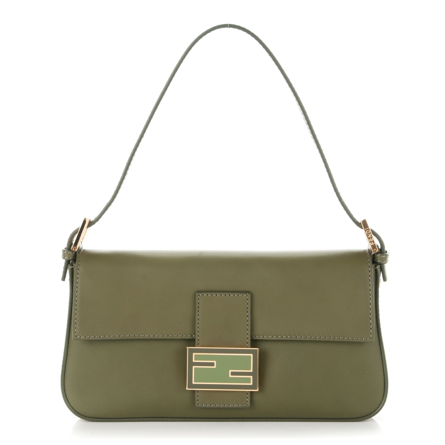 Fendi Vitello Enamel Interchangeable Strap Baguette Verde Oliva 1 of 9