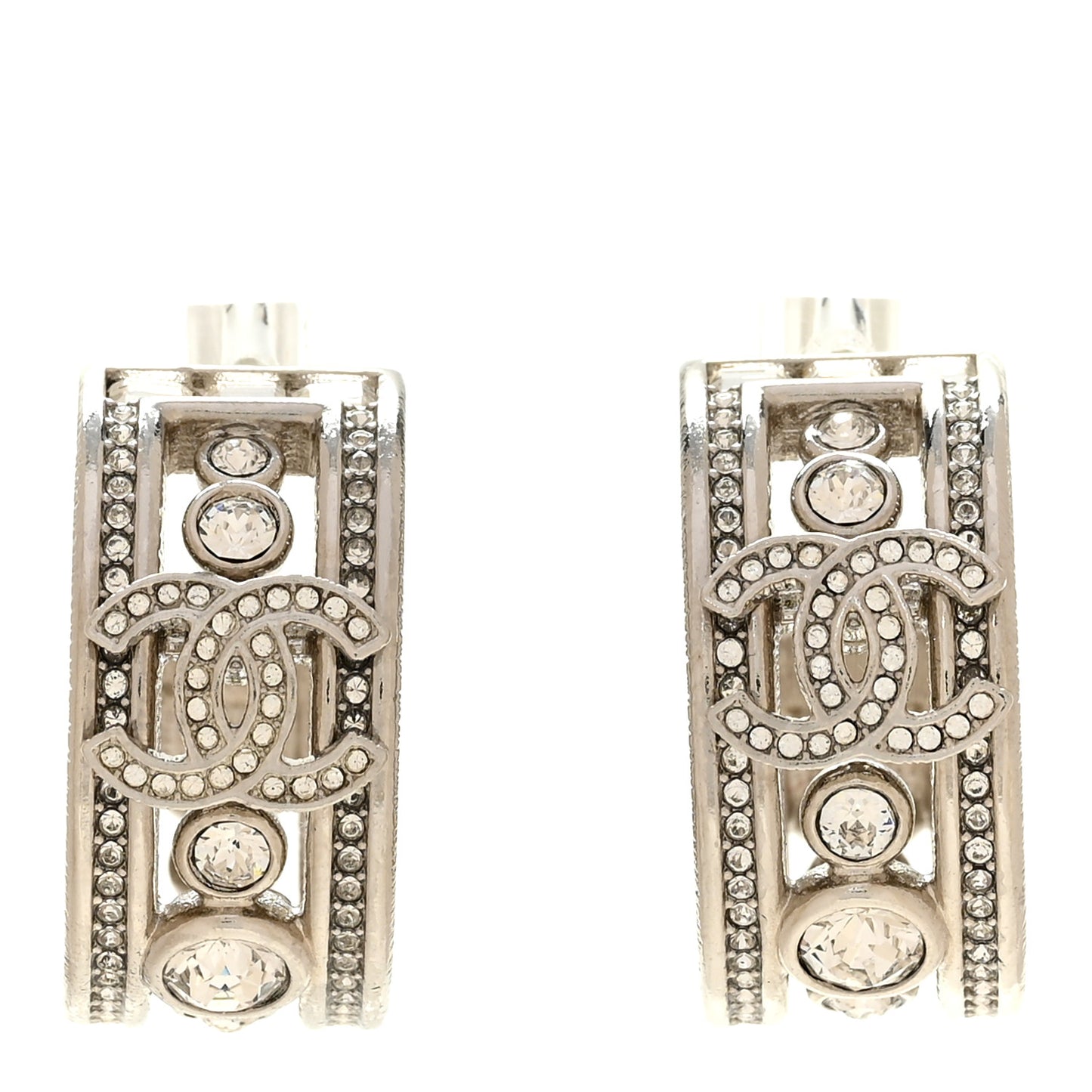 Metal Crystal CC Hoop Earrings Silver