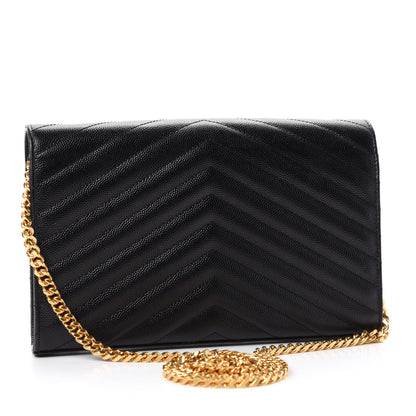 Saint Laurent Grain De Poudre Matelasse Chevron Monogram Chain Wallet Black 3 of 12