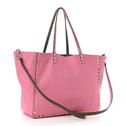 Valentino Garavani Grained Calfskin Medium Rockstud Reversible Tote Army Green Pink 5 of 16