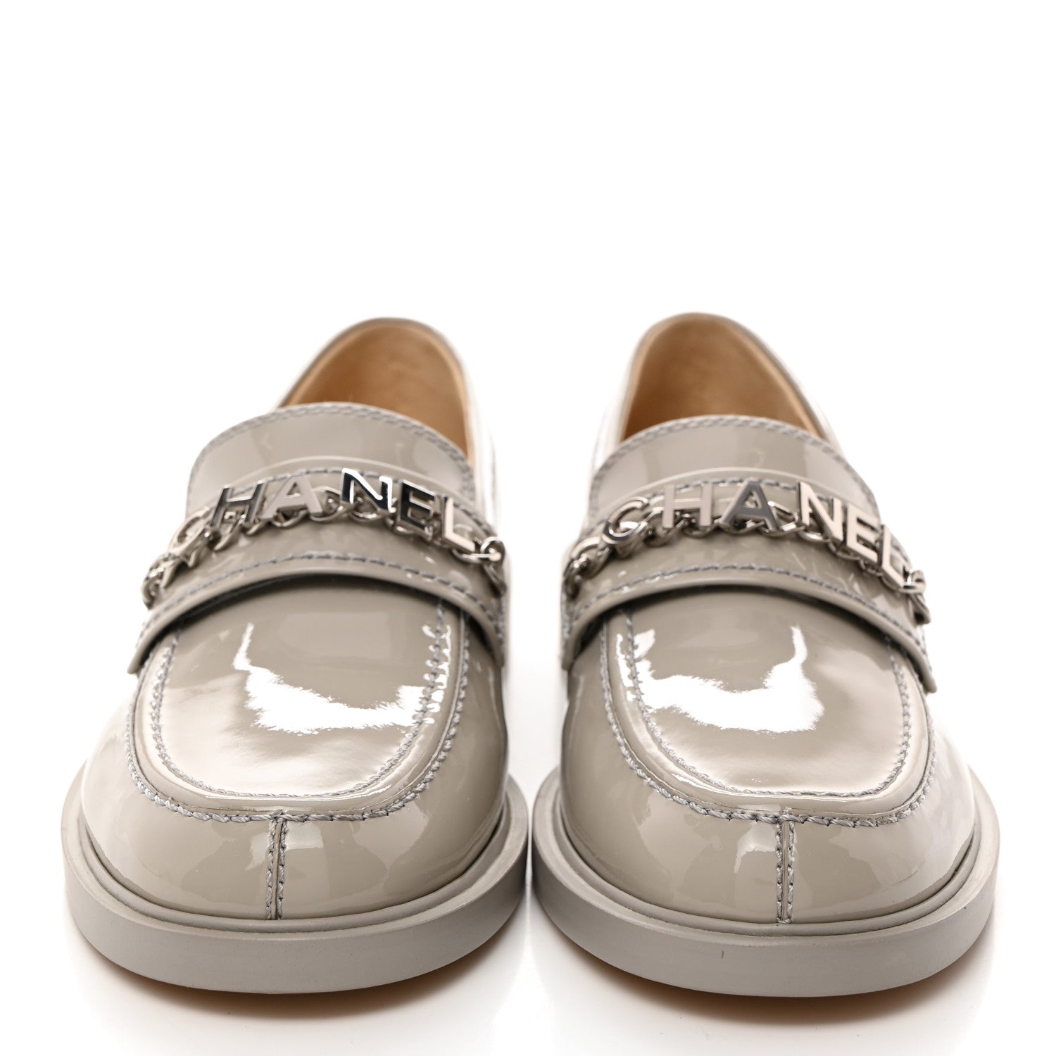 Chanel Shiny Calfskin Logo Loafers 37.5 Grey 2 of 9