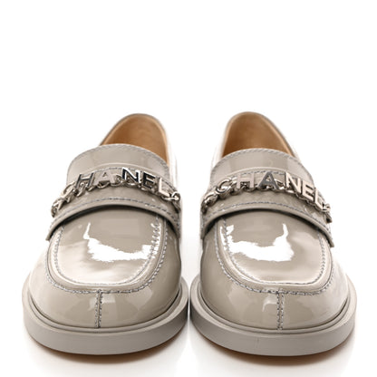 Chanel Shiny Calfskin Logo Loafers 37.5 Grey 2 of 9
