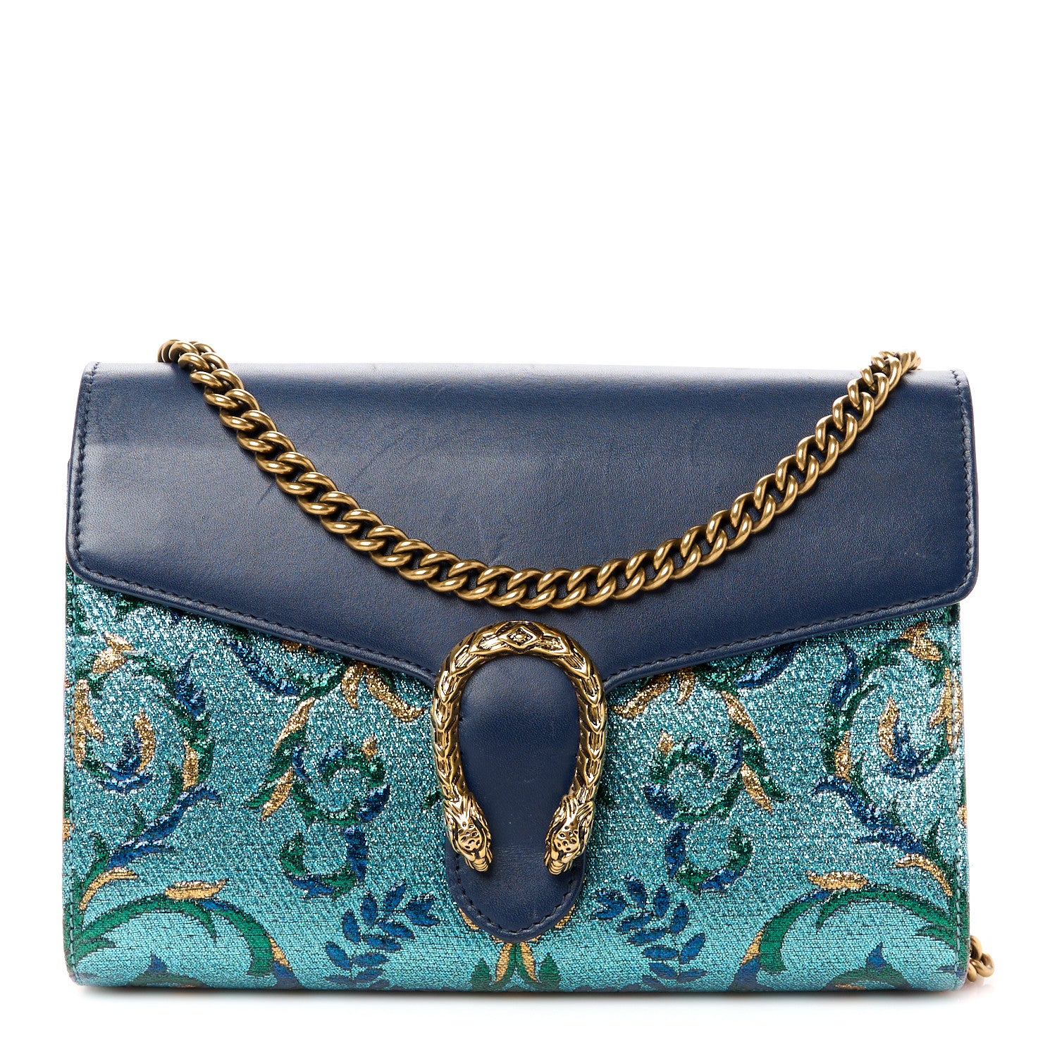 Gucci Metallic Brocade Calfskin Mini Dionysus Chain Wallet Black Blue Azure 1 of 11