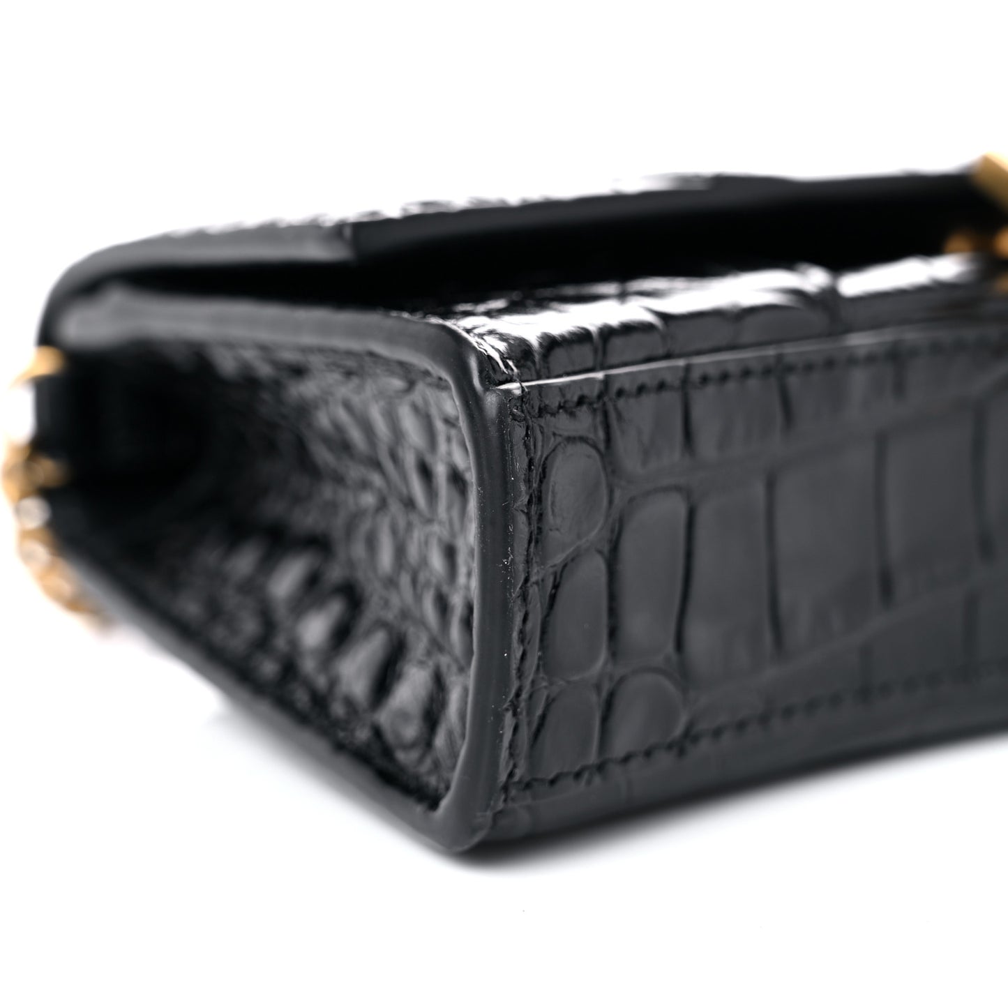 Shiny Calfskin Crocodile Embossed Hourglass Chain Bag Black