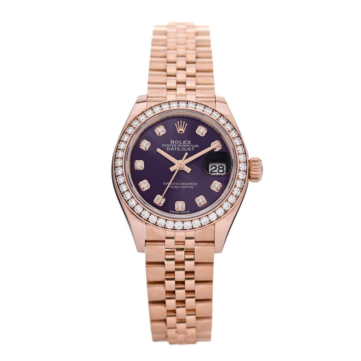 18K Everose Gold Diamond Bezel 28mm Oyster Perpetual Datejust Watch Aubergine 279135RBR