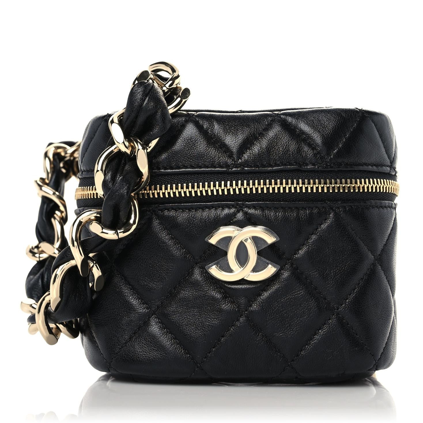 Chanel Lambskin Quilted Cube Chain Wristlet Case Black 1131571