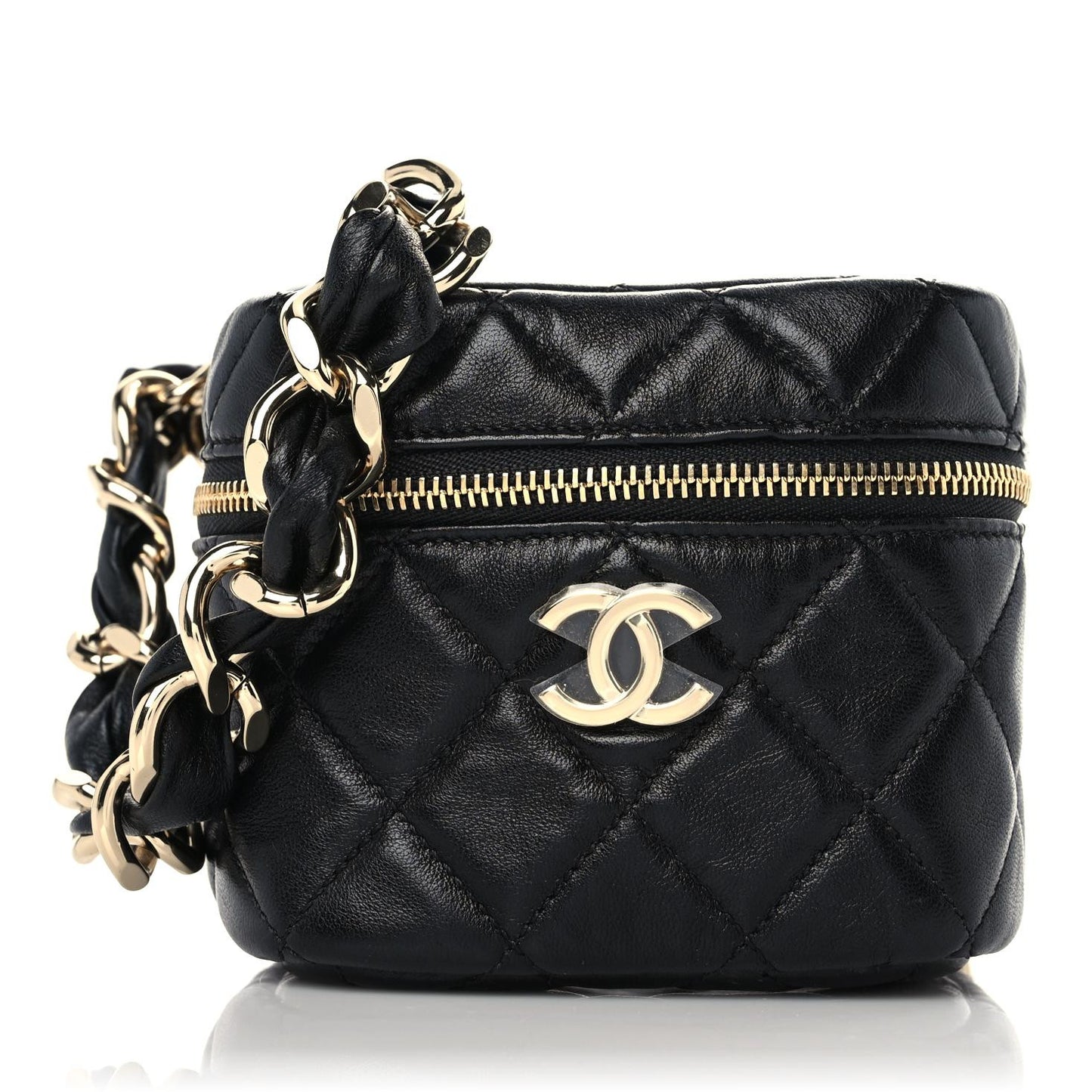 Lambskin Quilted Cube Chain Wristlet Case Black