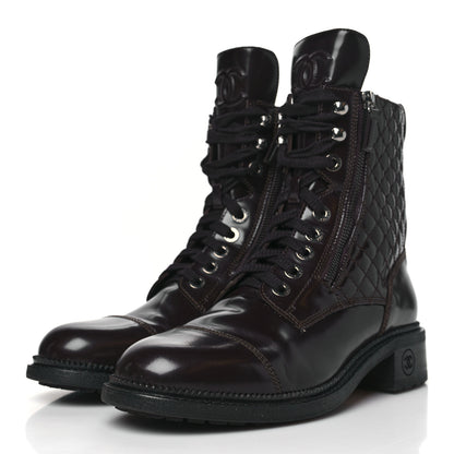 Chanel Shiny Calfskin Quilted CC Lace Up Combat Boots 40 Dark Burgundy 3 of 9