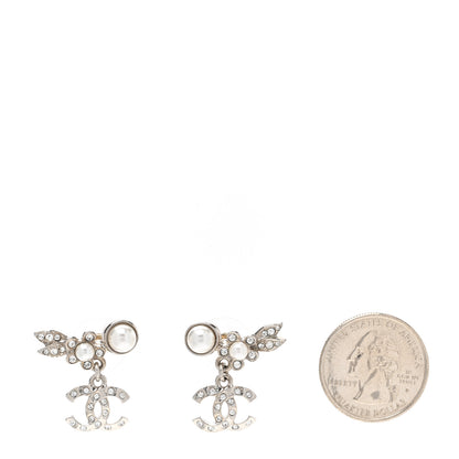 Chanel Crystal Pearl CC Leaf Earrings Silver 2 of 5
