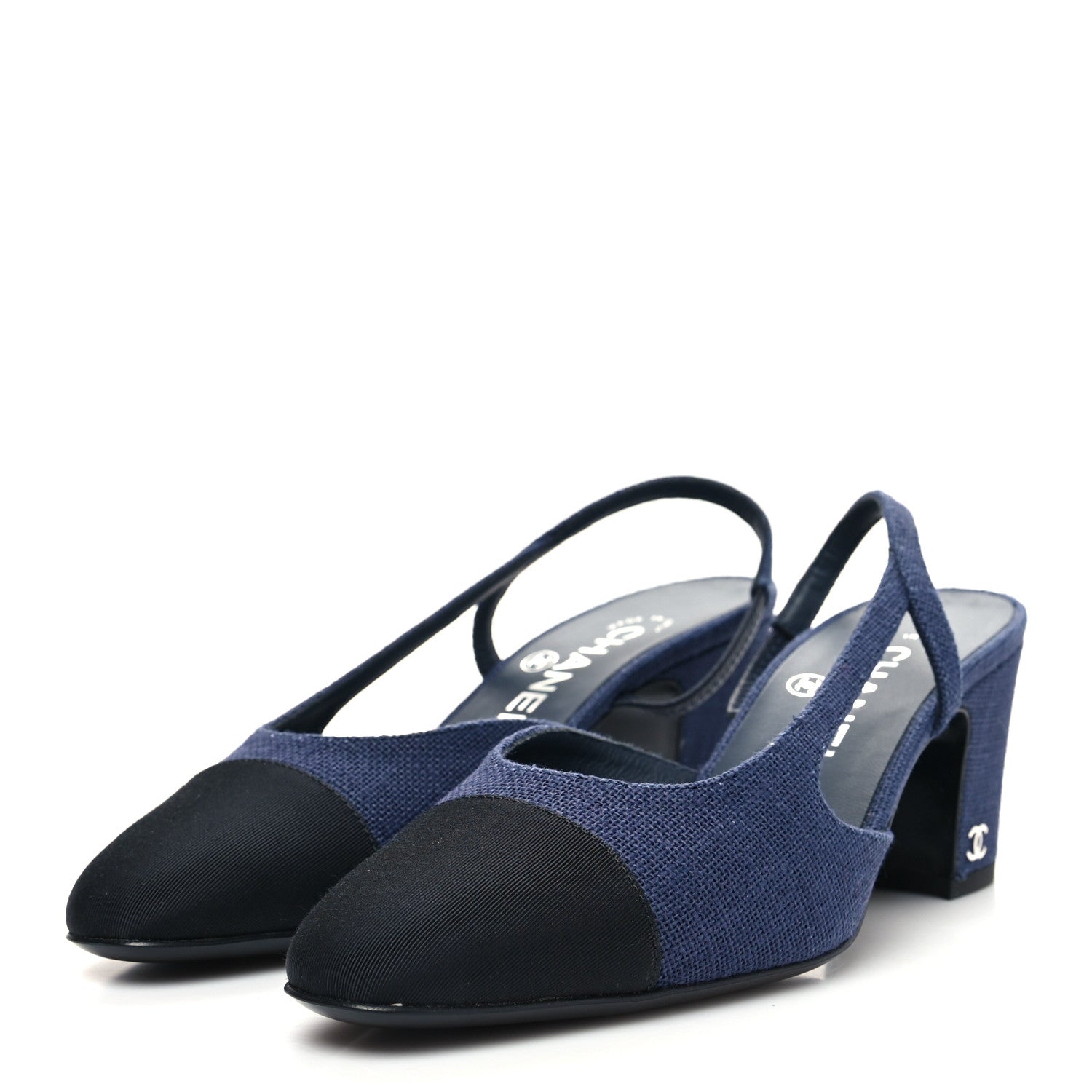 CHANEL ストラップパンプス ネイビー 37C Chanel Fabric Grosgrain Cap Toe CC Slingback Pumps 36.5 Dark Blue