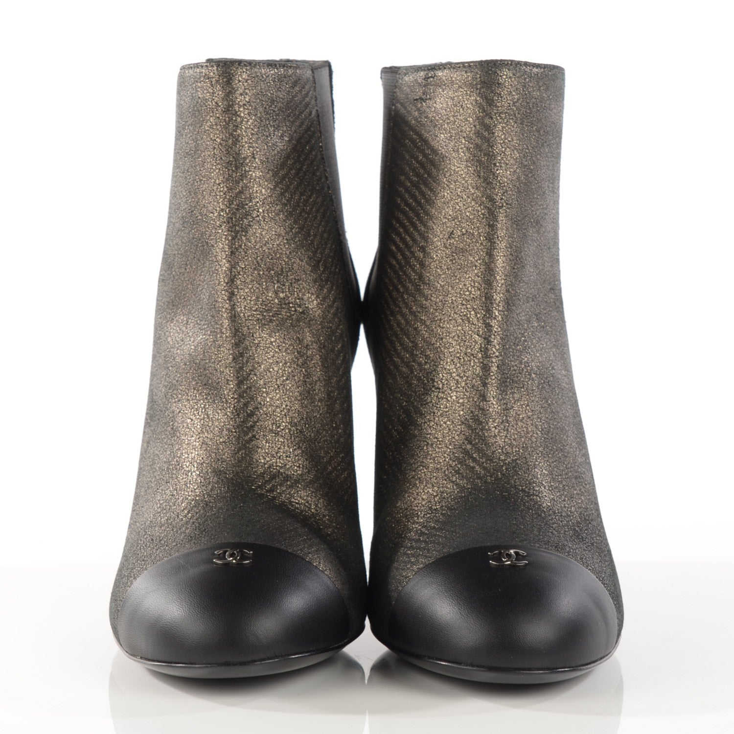 Chanel Metallic Lambskin CC Cap Toe Ankle Boots 38.5 Argent Fonce Black 5 of 15