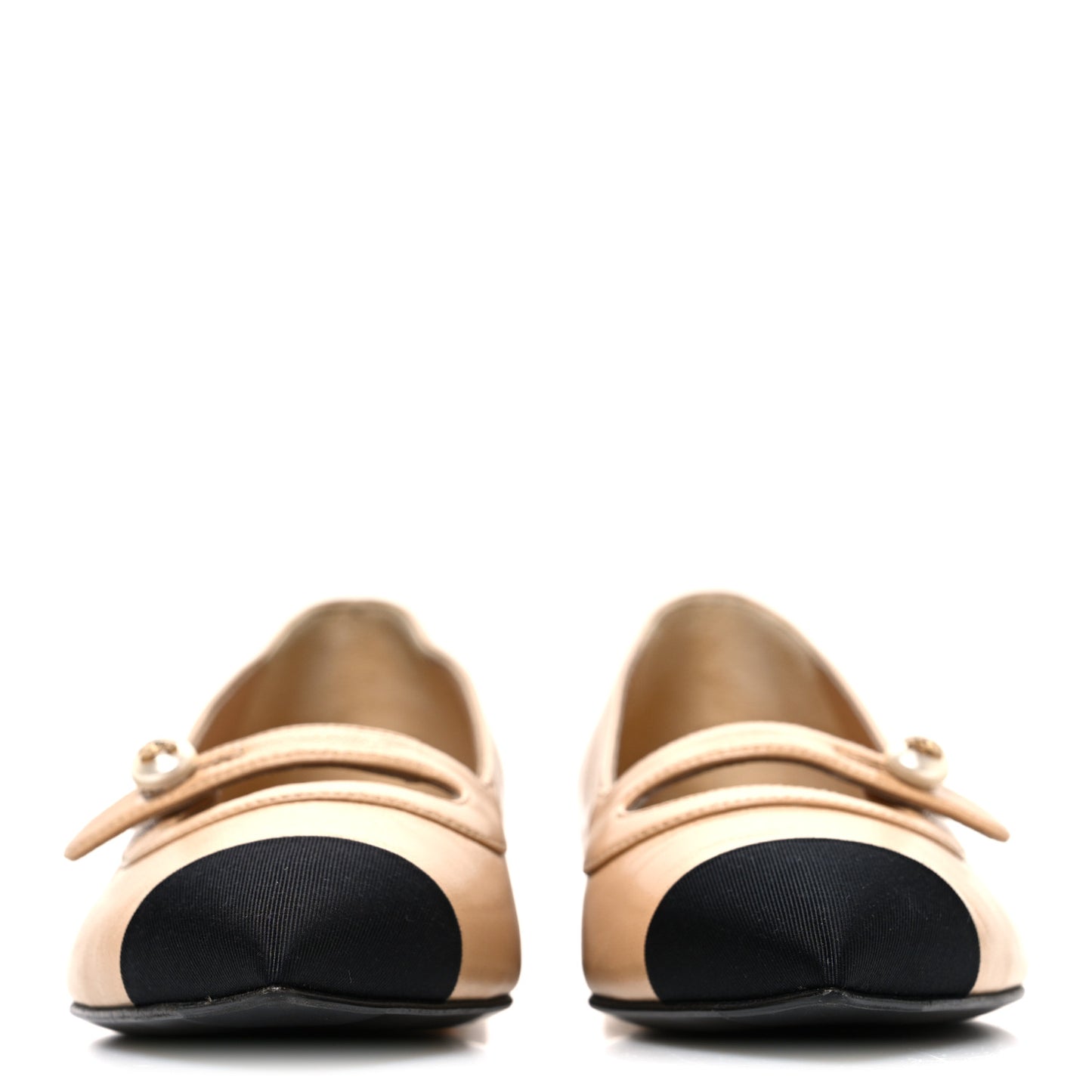 Shiny Lambskin Grosgrain Pointed Toe CC Ballet Flats 36 Beige Black