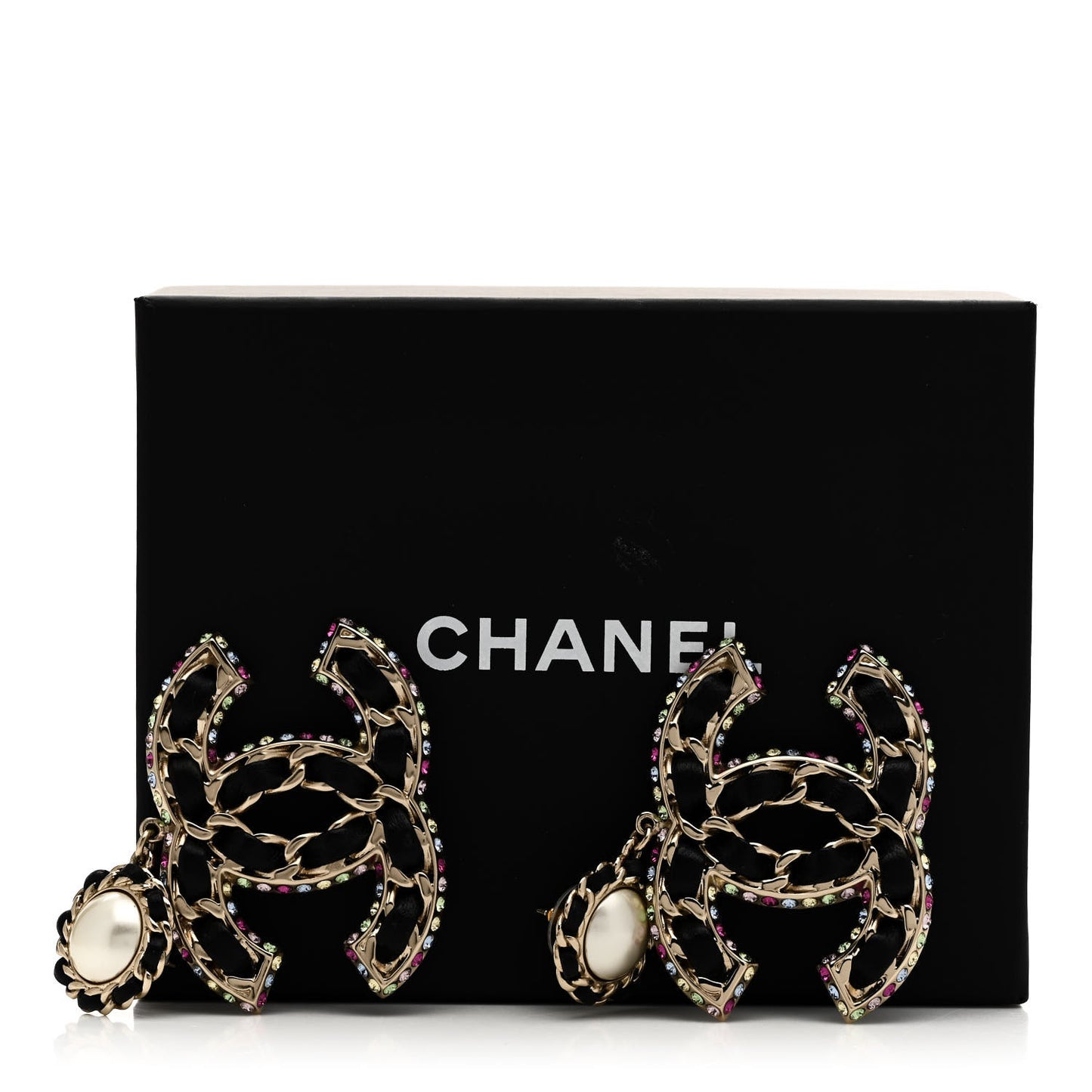 Pearl Lambskin Crystal Chain CC Drop Earrings Black Gold Multicolor