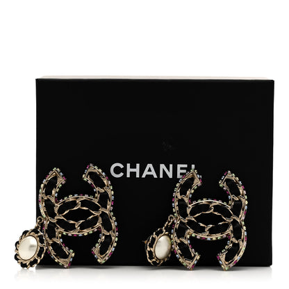 Chanel Pearl Lambskin Crystal Chain CC Drop Earrings Black Gold Multicolor 5 of 5