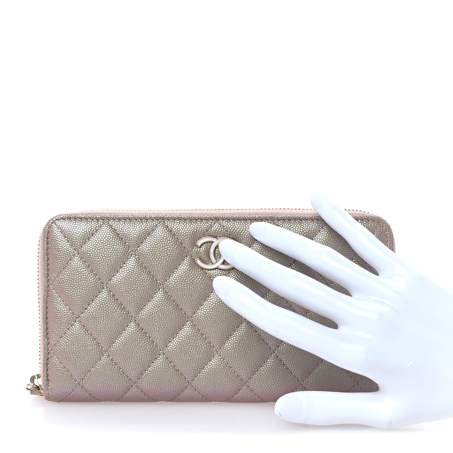 Iridescent Caviar Quilted Large Gusset Zip Around Wallet Beige