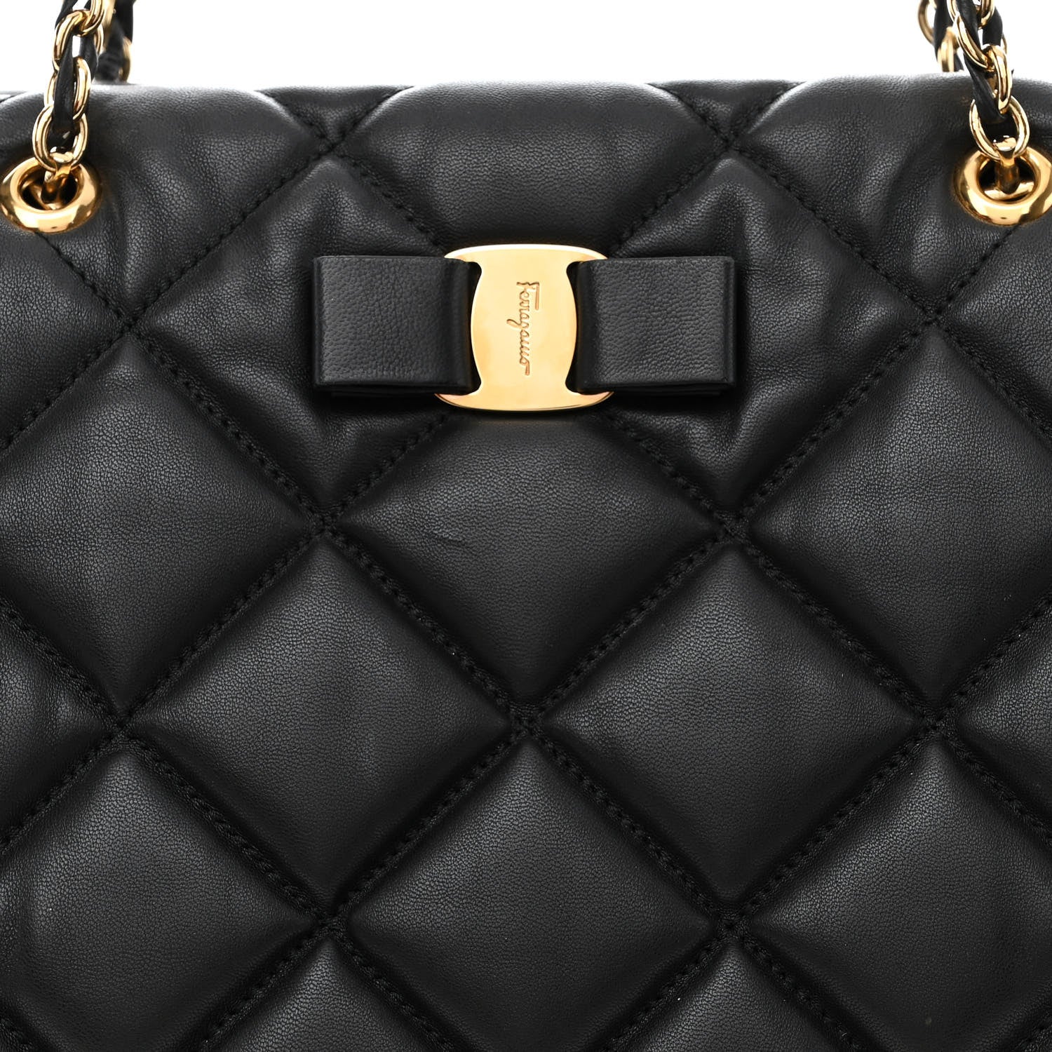 Salvatore Ferragamo Calfskin Quilted Vara Bow Chain Tote Black 9 of 13