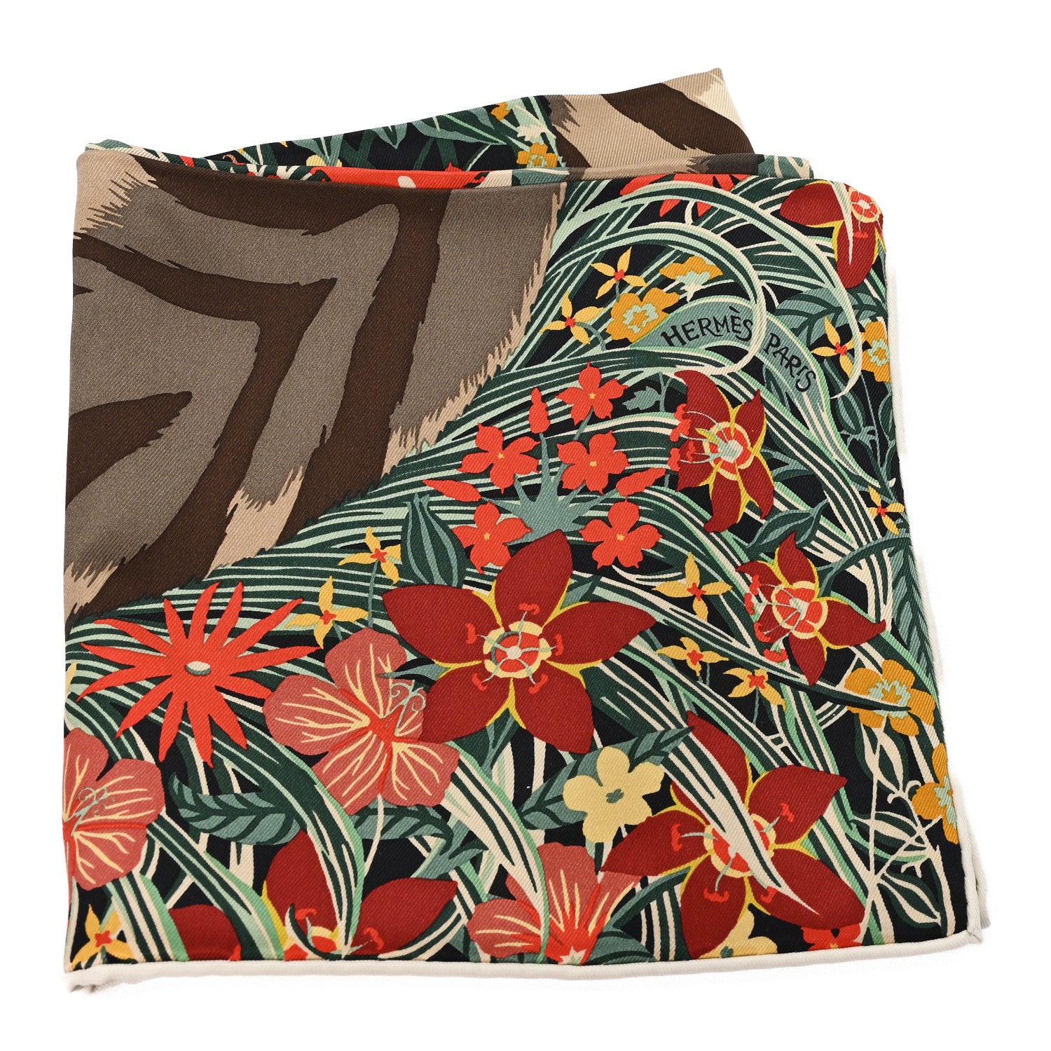 Hermes Silk Tyger Tyger Scarf 70 Black Beige Corail 1875606