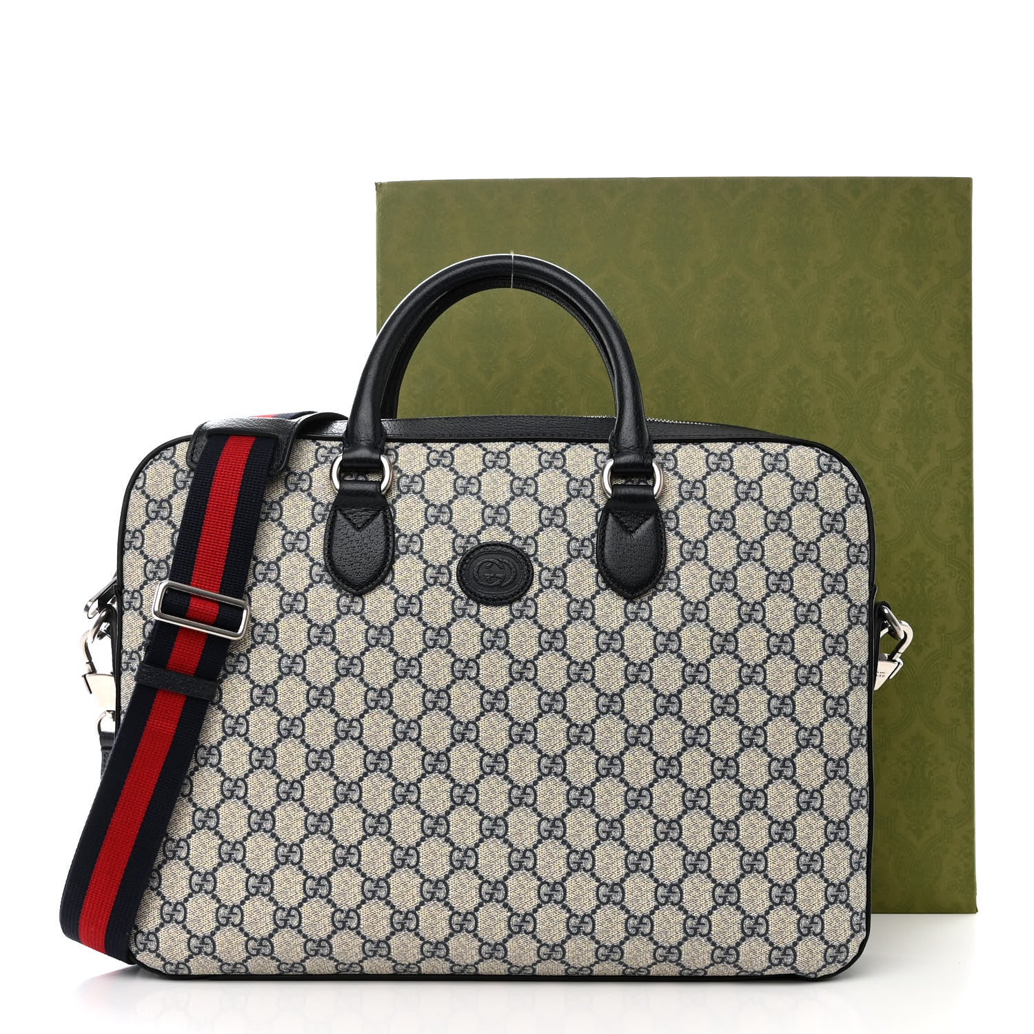 Gucci GG Supreme Monogram Textured Dollar Calfskin Web Retro Interlocking G Business Case Beige Blue 13 of 13