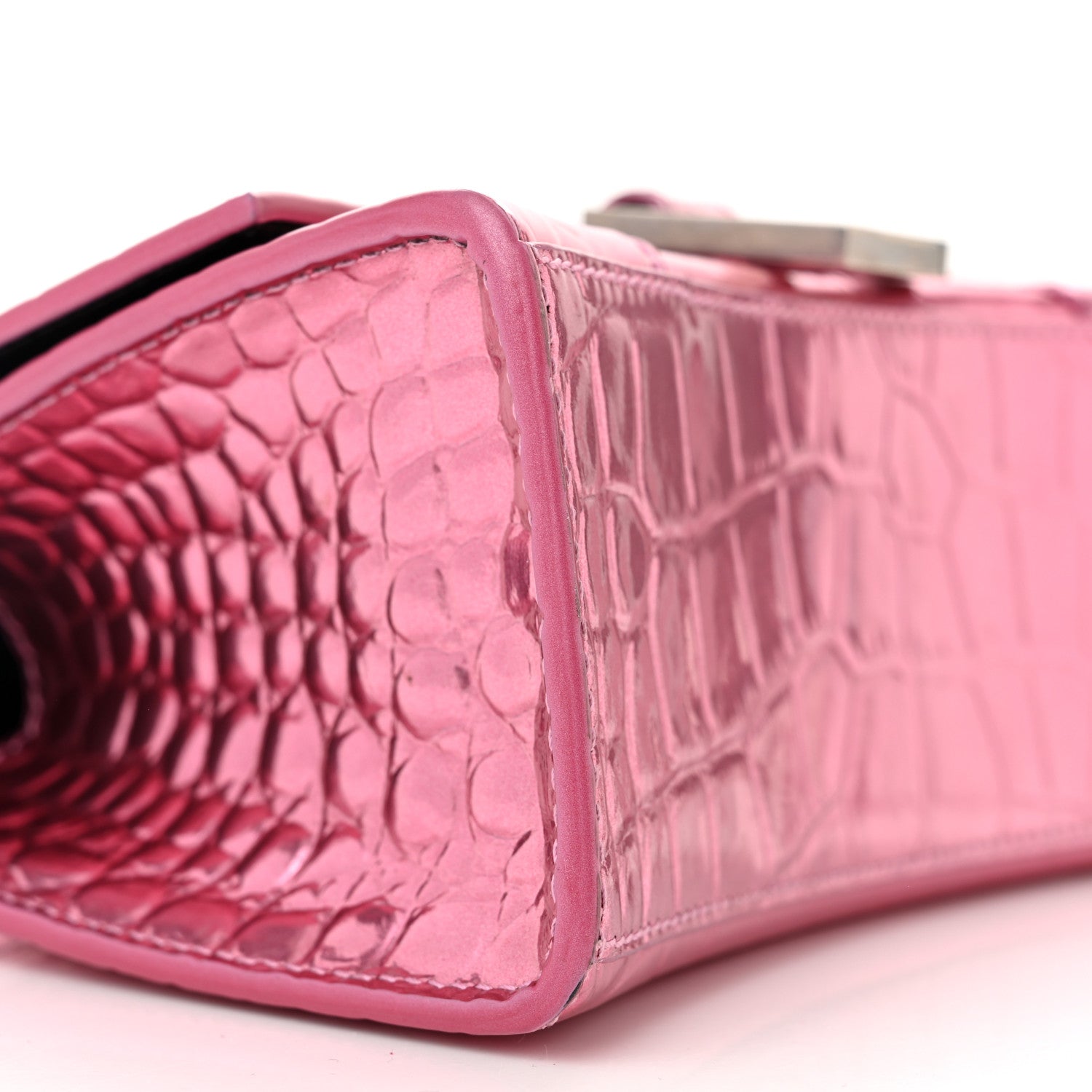 Balenciaga Metallic Shiny Calfskin Crocodile Embossed Hourglass Top Handle Bag XS Pink 10 of 16