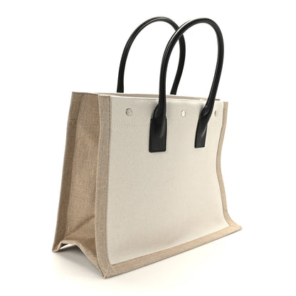 Saint Laurent Linen Calfskin Small Rive Gauche Tote Greggio Natural 3 of 9
