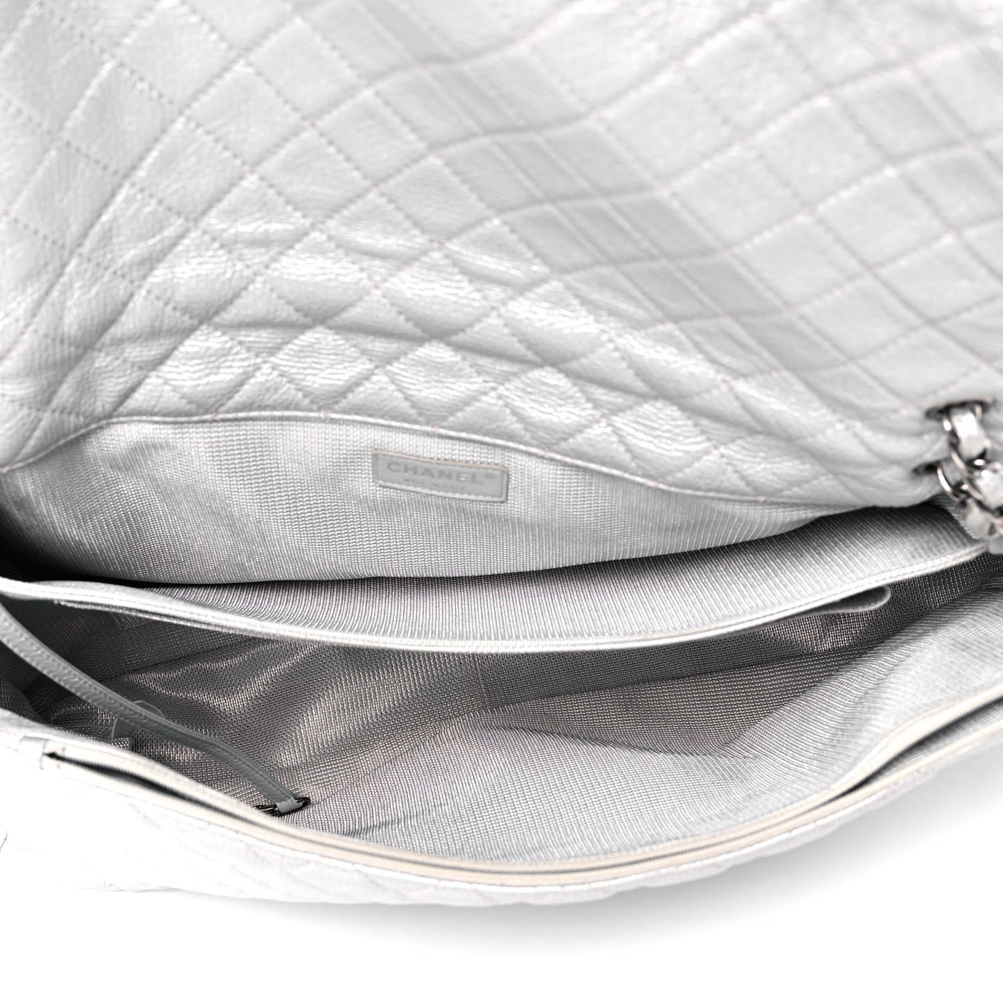 Metallic Calfskin Quilted XXL Travel Flap Bag Silver