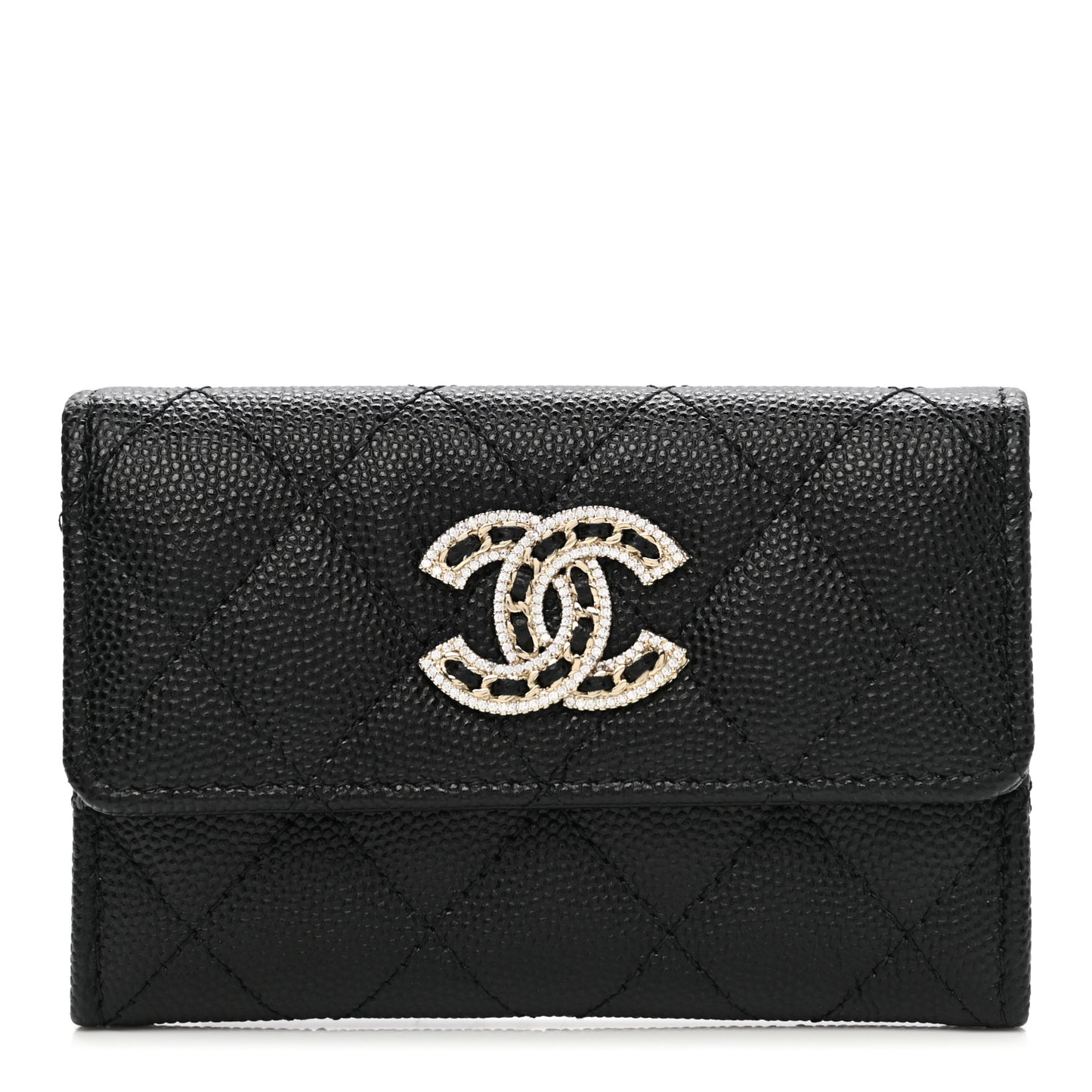 Caviar Quilted Crystal CC Flap Card Holder Black