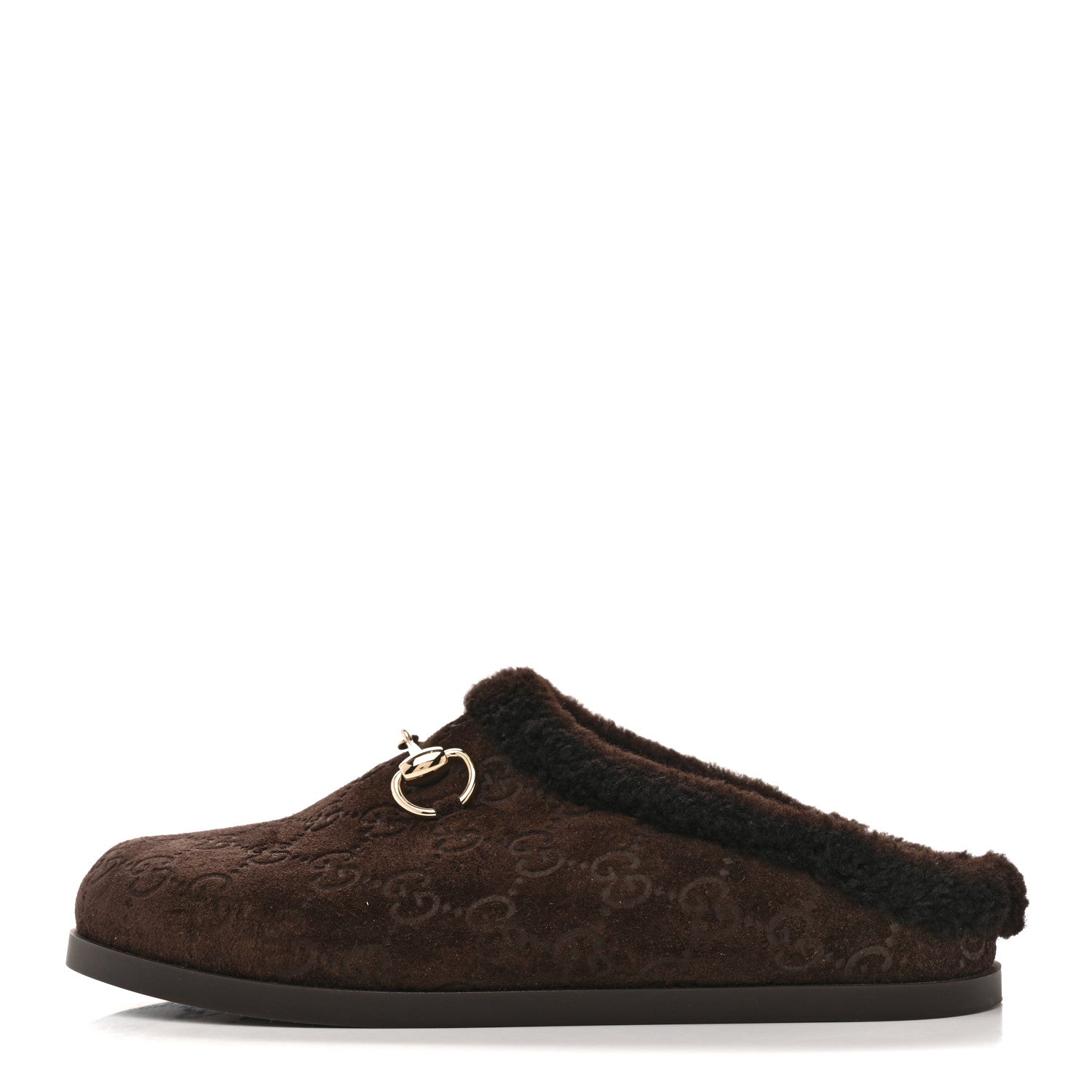 Gucci Suede GG Debossed Shearling Womens Horsebit Mules 36 Dark