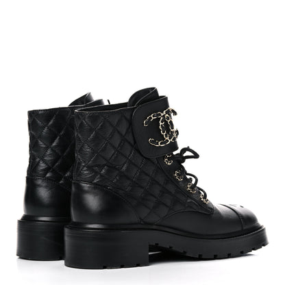 Chanel Shiny Goatskin Calfskin Quilted Lace Up Combat Boots 38 Black 4 of 13