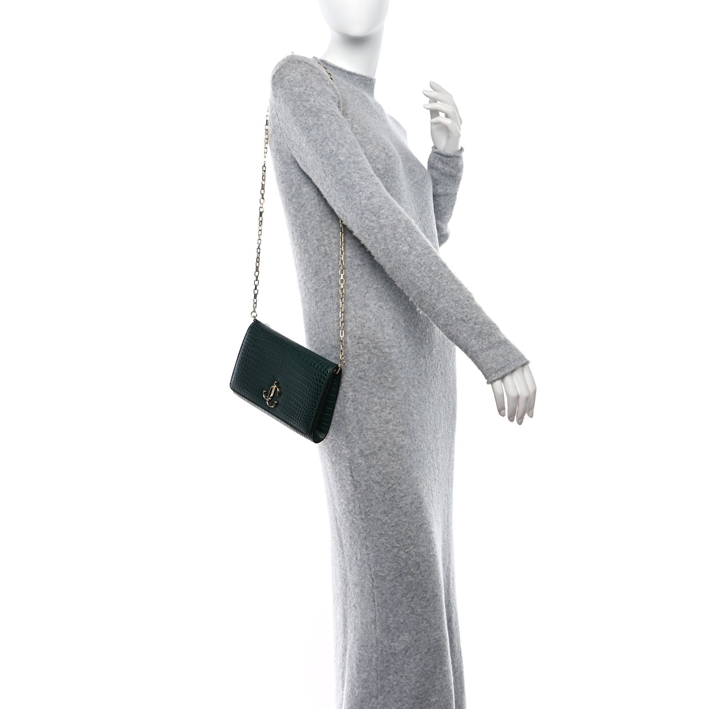 Calfskin Crocodile Embossed Varenne Chain Clutch Dark Green
