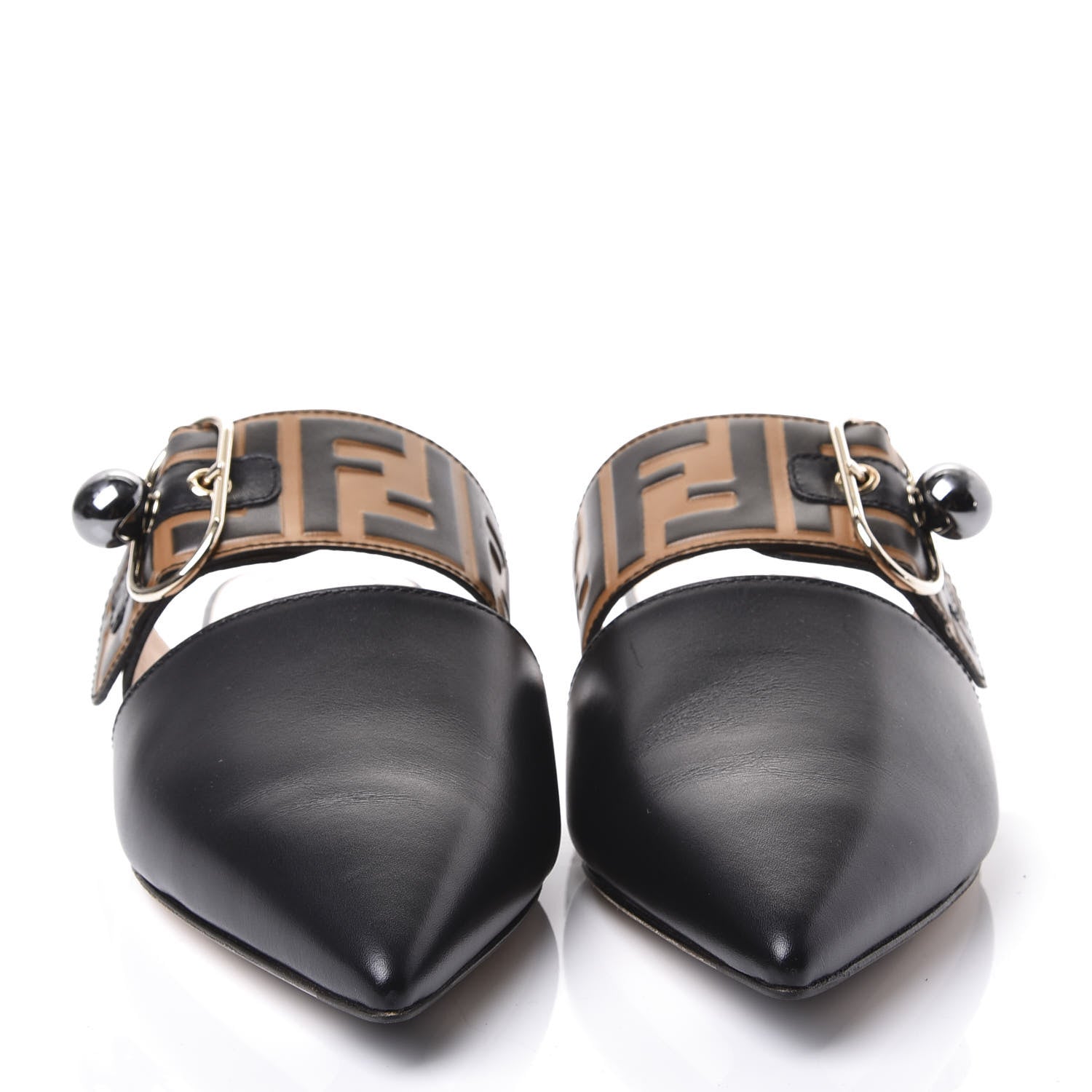 Fendi Vitello FF Embossed Buckle Flat Mules 37.5 Maya Black 3 of 10