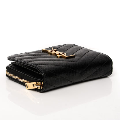 Saint Laurent Grain De Poudre Matelasse Chevron Monogram Compact Zip Around Wallet Black 4 of 7
