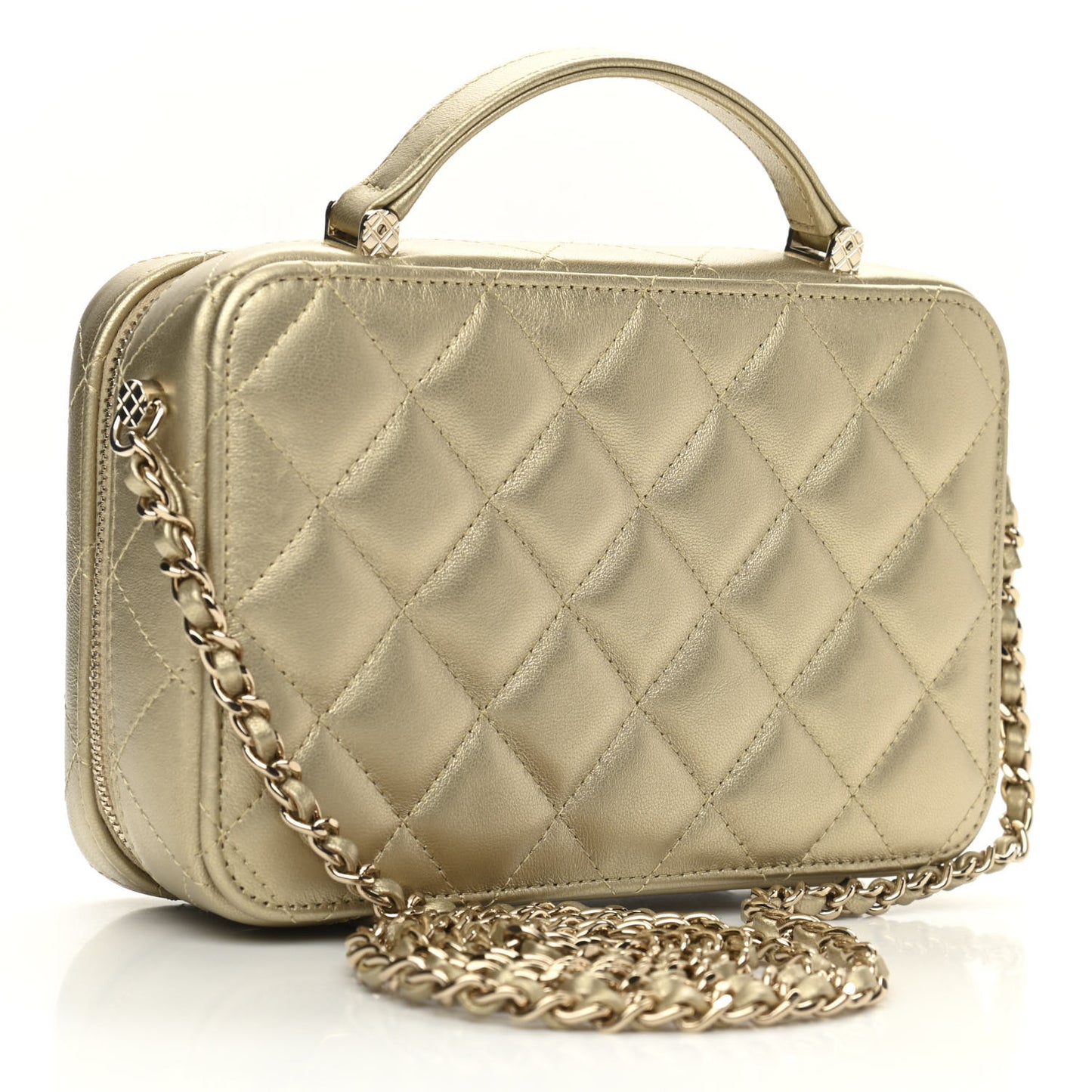 Metallic Lambskin Quilted Top Handle Vanity Case Gold