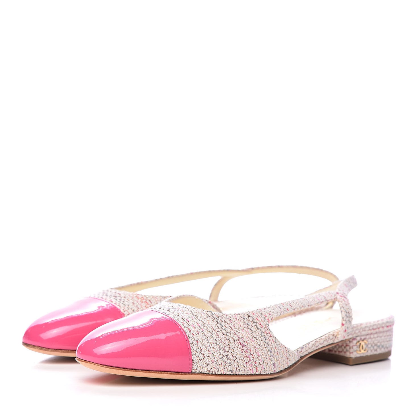 Tweed Patent Cap Toe CC Slingback Flat 36.5 Pink White