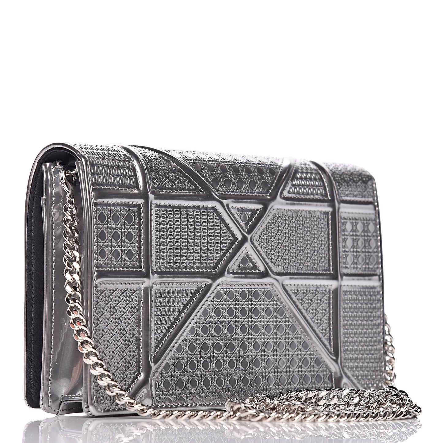 Metallic Patent Micro-Cannage Diorama Wallet on Chain Pouch Silver
