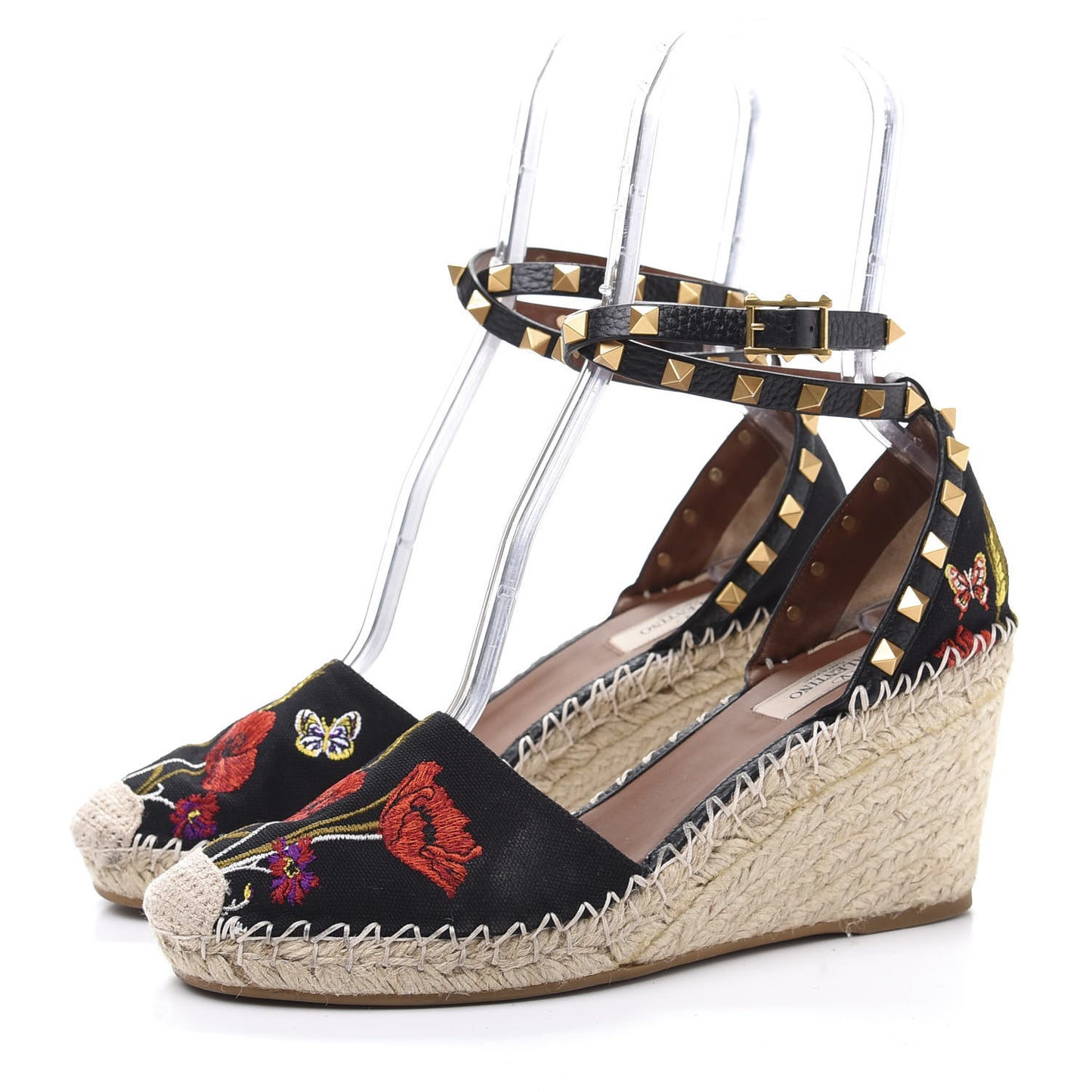 Canvas Poppy Embroidered Rockstud Ankle Wrap Espadrille 15/85mm Wedges 39 Black