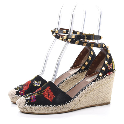 Valentino Garavani Canvas Poppy Embroidered Rockstud Ankle Wrap Espadrille 15/85mm Wedges 39 Black 3 of 9