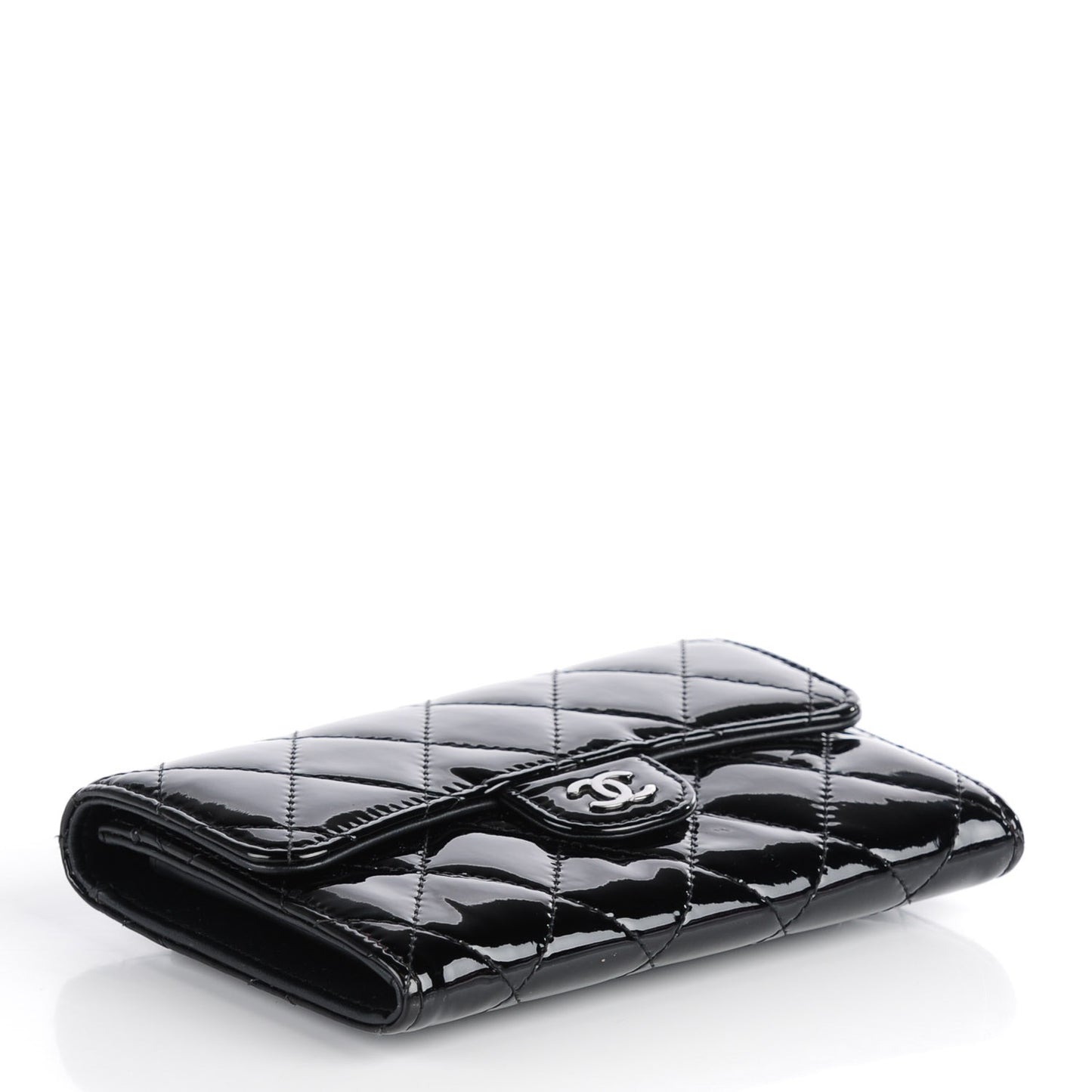 Patent Calfskin Quilted Small Flap Wallet Black