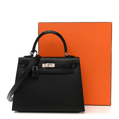 Hermes Madame Calfskin Shiny Niloticus Crocodile Kelly Sellier Touch 25 Black 14 of 14