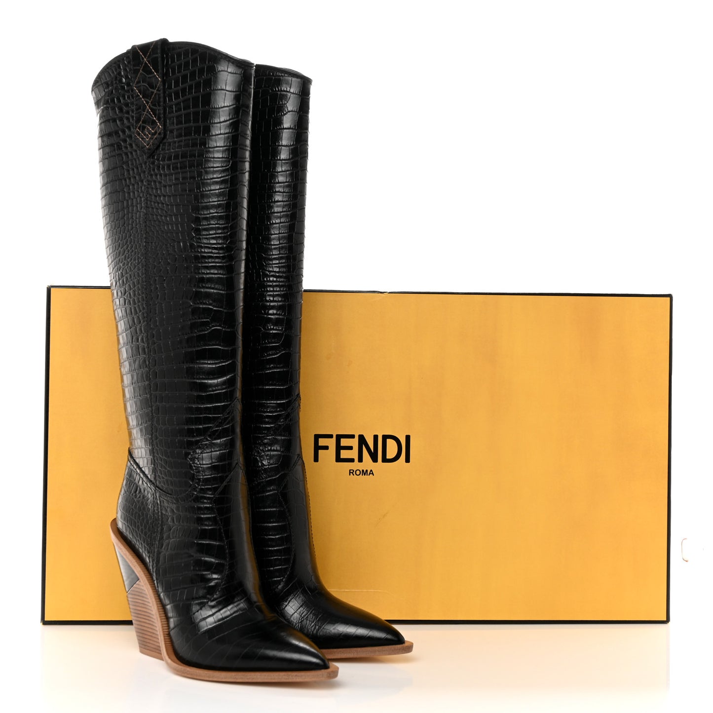 Calfskin Crocodile Embossed Cutwalk Tall Boots 38 Black
