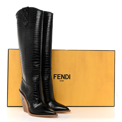 Fendi Calfskin Crocodile Embossed Cutwalk Tall Boots 38 Black 8 of 8