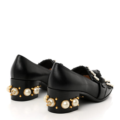 Gucci Malaga Kid Pearl Embellished Winged Feline Loafer Pumps 37 Black 4 of 10