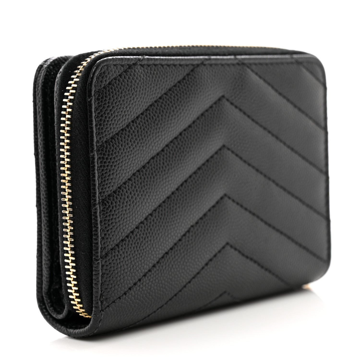 Saint Laurent Grain De Poudre Matelasse Chevron Monogram Compact Zip Around Wallet Black 3 of 9