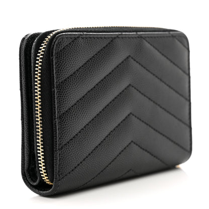Saint Laurent Grain De Poudre Matelasse Chevron Monogram Compact Zip Around Wallet Black 3 of 9
