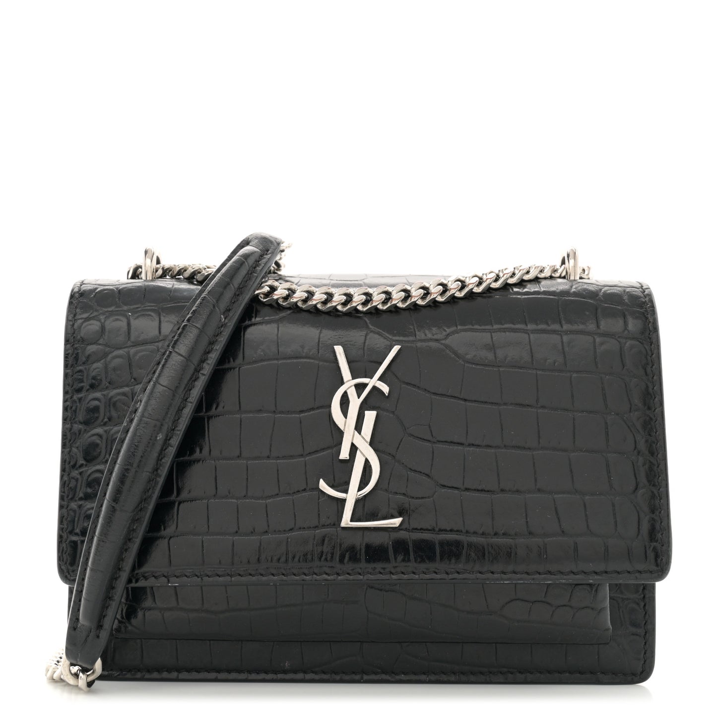 Calfskin Crocodile Embossed Monogram Sunset Chain Wallet Black