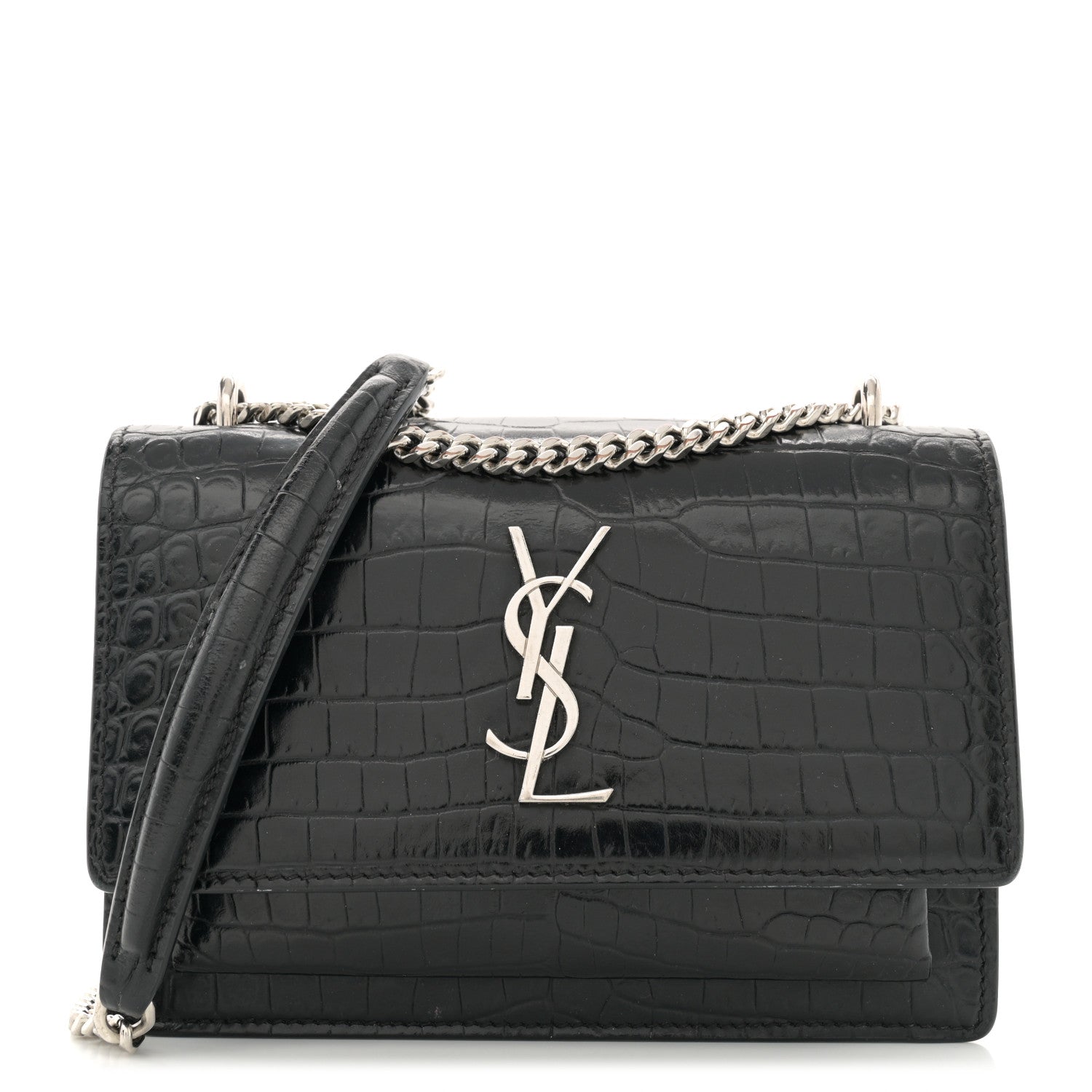 Saint Laurent Calfskin Crocodile Embossed Monogram Sunset Chain Wallet Black 1 of 13