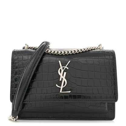 Saint Laurent Calfskin Crocodile Embossed Monogram Sunset Chain Wallet Black 1 of 13