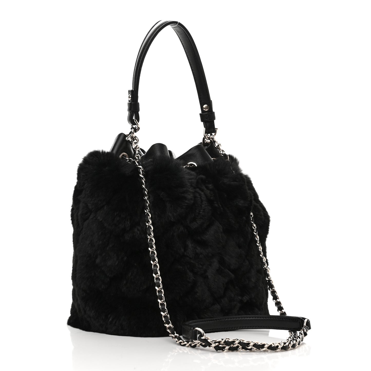 Fur Chain Drawstring Bucket Bag Black
