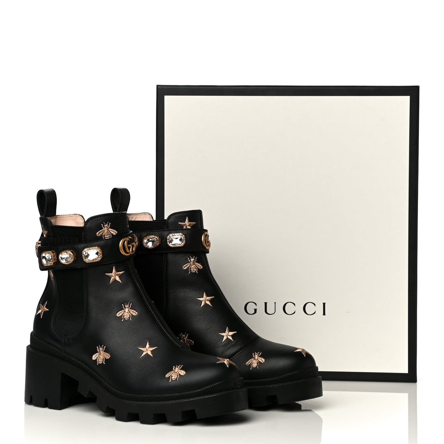Gucci Calfskin Bee Star Embroidered Belt Ankle Boots 39.5 Black 9 of 9