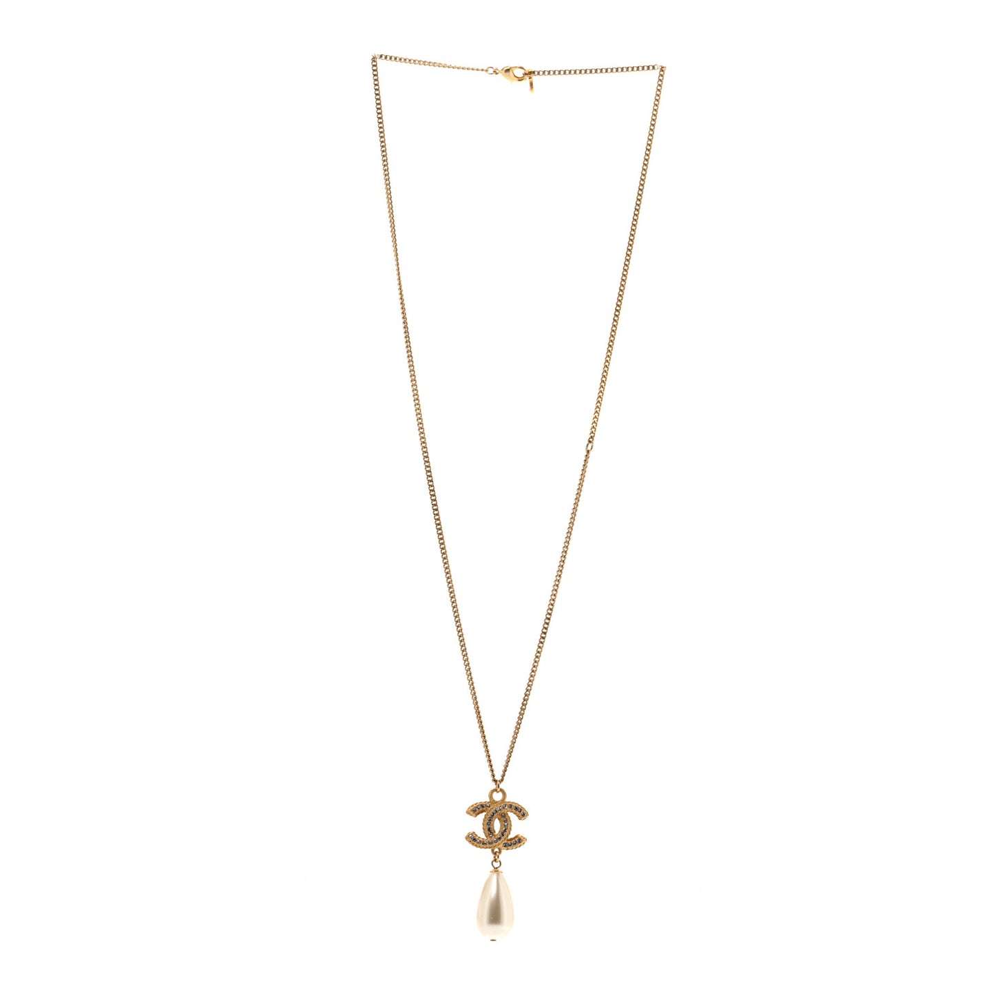 Crystal Pearl CC Drop Necklace Gold