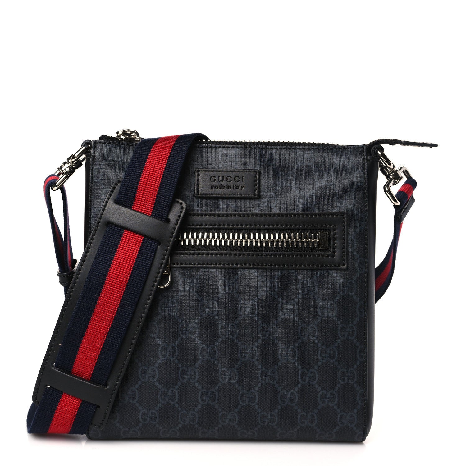 Gucci GG Supreme Monogram Web Small Flat Messenger Bag Black Grey 1 of 9